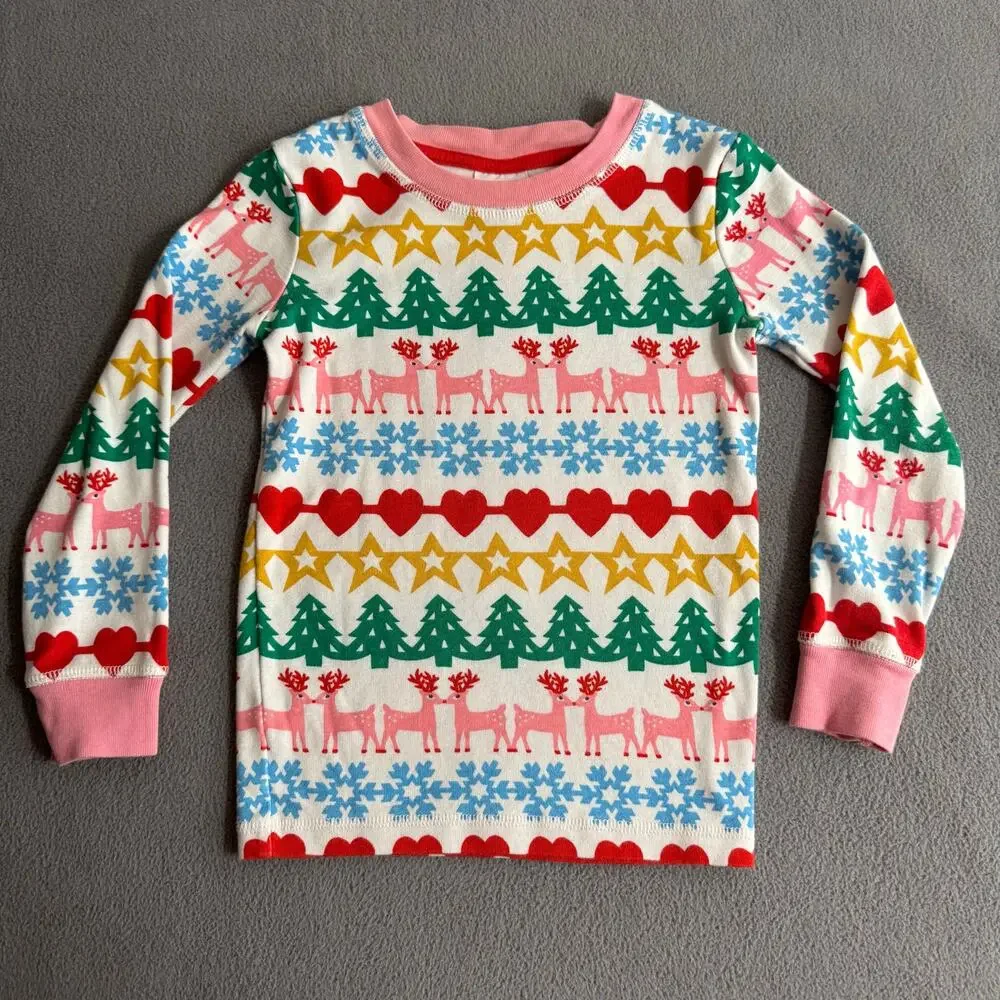 Mini Boden Fair Isle‎ Striped Christmas Holiday Pajama Top Long Sleeve 5Y Pink
